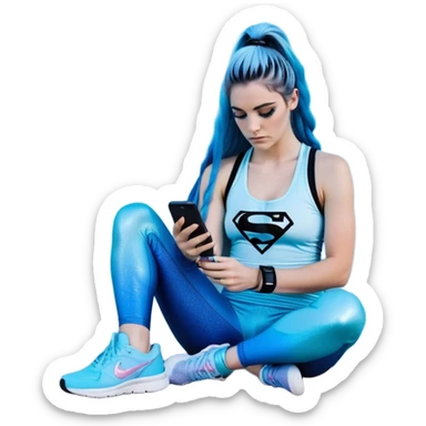 Shameful and disappointed-Female-very very very large chest-texting on a samsung cell phone-very long straight braided black to sky blue hair ombre-blue eyes-black eyeliner-long eyelashes-iridescent sky blue low cut tank top with glitter superman logo-matching leggings-nike hightop sneakers sticker