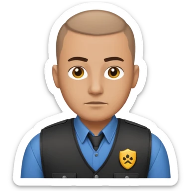 Security guard with buzzcut, vest on with button up underneath sticker