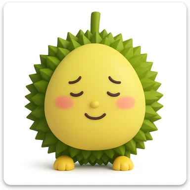 Change the expression of the durian character to a shy, blushing face, keeping all other characteristics the same. The style is 3D emoji style with a round, outline-free chibi durian with a green shell and yellow flesh. sticker