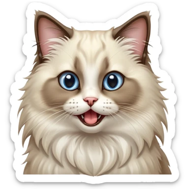Cinematic-Adorable-Seal-Ragdoll-Cat-Portrait-Emoji – Big-eyed, fluffy Ragdoll cat with a playful head tilt and a cute yawn, soft brown-and-white fur with darker seal points on the ears and face, simplified yet irresistibly cute features, sparkling blue eyes full of mischief, highly detailed with a gentle glow. sticker