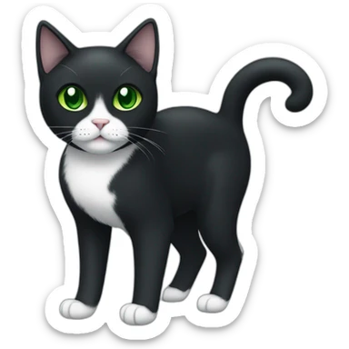 A black cat with green eyes with a white mustache, with a thin white stripe on the nose on the right side, with a full-length white breast and white paws sticker