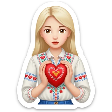 beautiful young girl in a white Ukrainian embroidered shirt clutching a large embroidered heart sticker