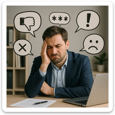 Create a realistic image of a man with a frustrated and annoyed expression, surrounded by speech bubbles or symbols representing criticism from clients. The man looks visibly upset by the criticism. The setting is professional or office-like, with an educational and respectful tone. sticker