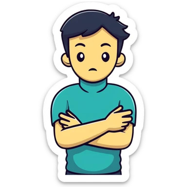 A person crossing arms holding neck choking sticker