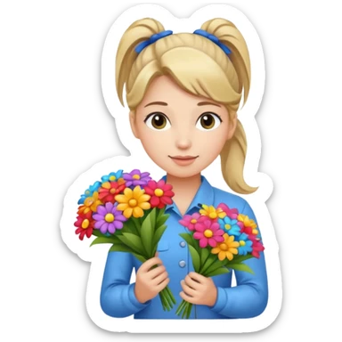 Young female florist – ponytail, holding a bouquet with ribbon sticker