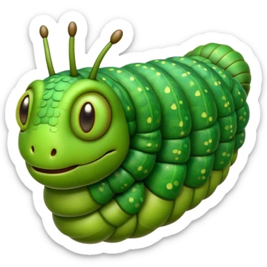 Cinematic Realistic Noble Caterpillar Portrait Emoji, Poised and serene, with a slender, segmented body covered in vivid, detailed green scales accented by subtle natural patterns, and a tiny, focused face with delicate, inquisitive eyes, rendered with lifelike texture and soft natural lighting, high shine, intelligent and delicate, styled with an air of woodland elegance, focused and attentive, soft glowing outline, capturing the essence of a watchful and confident looper caterpillar that appears ready to inch gracefully out of the screen with natural authority! sticker