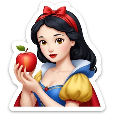 Cinematic Realistic Snow White Portrait, depicted with lifelike skin texture, soft natural lighting, and intricately detailed black hair styled with a red ribbon. Her soft brown eyes radiate innocence and kindness, complemented by a warm, gentle smile. She holds an apple in one hand, her other hand resting against her cheek, embodying her purity and charm. She is dressed in her classic yellow, blue, and red gown, the fabric rich in texture with delicate folds that catch the light beautifully. The portrait features a soft, natural glow with a radiant finish, capturing the essence of timeless beauty in a realistic and painterly style. sticker
