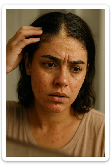 A highly realistic, cinematic close-up portrait of a young woman in her late 20s with medium skin tone, displaying visible folliculitis and seborrheic dermatitis. Small, red, inflamed follicular papules and pustules are scattered along her hairline, jawline, and upper neck, indicating folliculitis. Her scalp and areas around the nose and eyebrows show flaky, greasy yellowish scales, with redness and irritation, indicating seborrheic dermatitis. Her hair appears slightly greasy and clumps near the scalp, emphasizing excess sebum production. She gently touches her irritated scalp with concern while looking at herself in a softly lit bathroom mirror, expressing discomfort and frustration. The environment is neutral and clean, with daylight softly illuminating the scene to highlight the skin and scalp texture. The style is 35mm hyperrealistic, with warm neutral tones and shallow depth of field to maintain focus on her skin, inflammation, and emotional expression, visually explaining the physical discomfort and aesthetic concerns of living with folliculitis and seborrheic dermatitis sticker