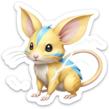 Elemental electrical electric electro lightning-powered mustard-gold-Yellow with cyan-blue bolt-stripe markings Gerbil-Jerboa-Minccino-Emolga-Pachirisu-Pokémon-Fakémon-hybrid-fusion-creature with a tufted tail and blue lightnings bolts sticker