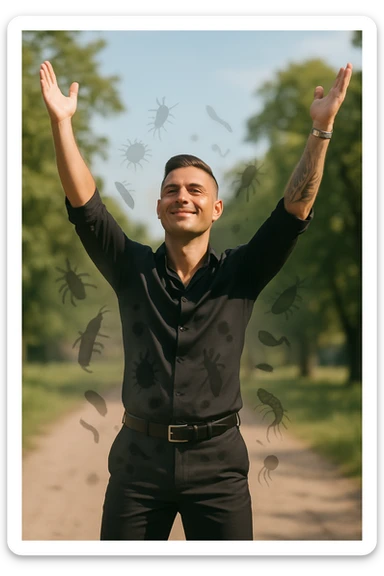 a man stands outdoors in bright sunlight, arms raised in relief and joy, while faint, shadowy silhouettes of parasites fall away from his body and dissolve into the air. His posture is upright and energetic, his expression serene and healthy. The background features green trees and a clear sky, emphasizing liberation and restored well-being. sticker