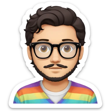 young adult man with light skin, short beard, dark wavy hair, relaxed expression, very wide rectangular glasses with thick black acetate frame and thick double bridge, retro oversized style, colorful open shirt and white t-shirt sticker