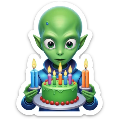 A detailed alien holding a colorful birthday cake with lit candles, standing inside a futuristic spaceship, cinematic lighting, ultra realistic textures, high resolution, dramatic shadows, sci-fi atmosphere
 sticker