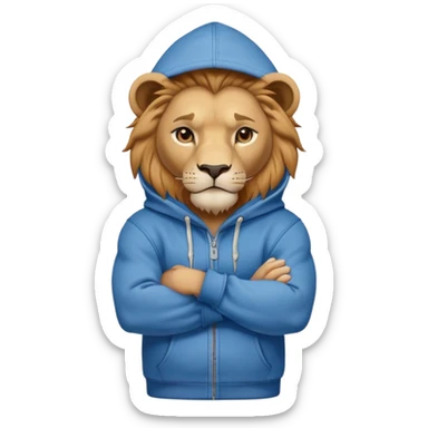 determined anthropomorphised lion in a hoodie and jeans with arms folded, confident stance sticker