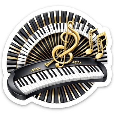 Create an elegant and festive emoji collage representing keyboard instruments, styled like a heraldic emblem. The design should feature a central focal point of black and white piano keys, arranged in a semi-circular or shield-like shape. Around the piano keys, add intertwining musical notes that form flowing ribbons, creating a dynamic and celebratory atmosphere. The design should be professional, with polished silver and gold accents on the keys and notes, highlighting the luxury and sophistication of the instruments. Add subtle shading and lighting effects to give the design a refined, 3D appearance. The background should remain transparent, and the overall feel should evoke grandeur, artistry, and a sense of celebration. sticker
