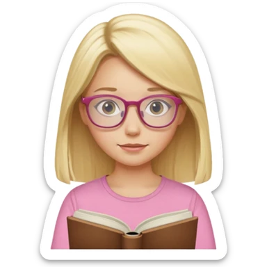 long hair blonde girl pink top with glasses reading sticker