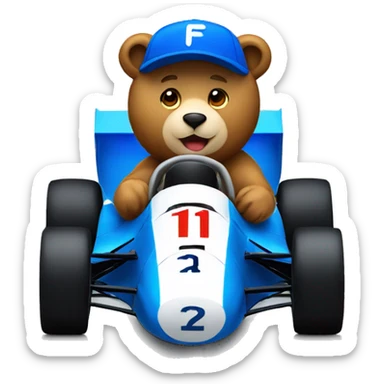 Please make an emoji of a bear driving an F1 race car with a blue baseball cap sticker