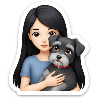 A beautiful girl with long black hair hugs a little schnauzer sticker