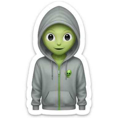 green alien in gray hoodie full height, wear hoodie hat, happy sticker
