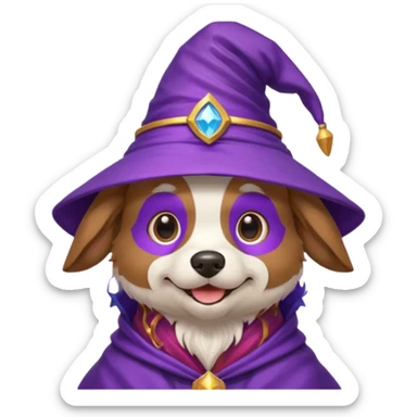 smiling wizard dog with a purple wizard hat sticker