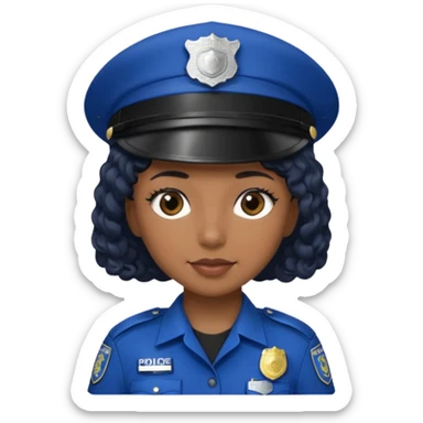 A female police officer with medium-dark skin tone, wearing a dark blue police cap with a silver badge in the center, short curly black hair showing from under the cap, large brown eyes, and a slight smile. sticker