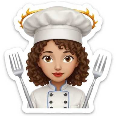 Mixed-race female chef with medium-length curly brown hair, wearing a chef's hat (toque), with both an angel halo and devil horns on her head sticker