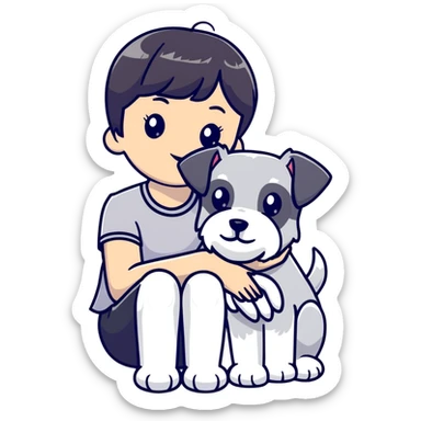 Girl with short black hair and bangs holding a white schnauzer dog sticker