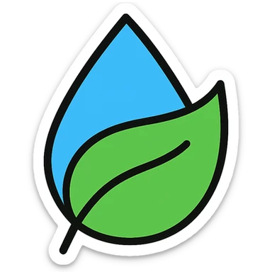 green leaf partially wrapped around a blue water droplet, outlined in black with color fills, modern icon style sticker