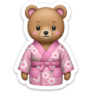 A cute light-brown bear wearing a pastel pink sakura-patterned kimono, normal balanced body ratio.  
Turning pockets inside out with a worried embarrassed face, a tiny coin rolling away.  
Kawaii emoji style, minimalistic clean sticker illustration, white background. sticker