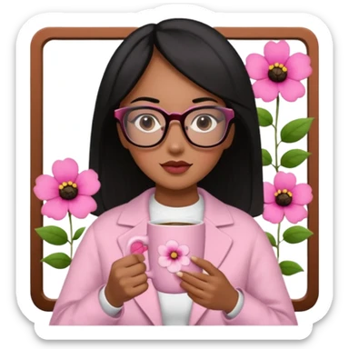 Chica de pelo negro ojos negros y piel morena con lentes oversize square GAFAS DE LEER BIEN GRANDES , en la mano derecha una taza de cafe en color rosa con una flor negra de diseno. Sentada mirando un drama koreano en la television.  sticker