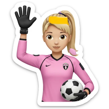 Make a dirty blonde football goalkeeper with goalkeeper gloves on. The girl is light skinned and wearing a light pink football kit. Wearing one ponytail on back of head. Make it without the whole body. With full sleeves. No RUGBY BALL JUST BLACK AND WHITE BALL. Holding ball under armpit sticker
