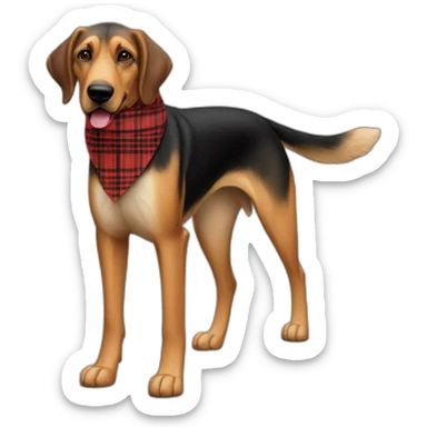 adult 75% Coonhound 25% German Shepherd mix dog with visible tail wearing small pointed red buffalo plaid bandana full body walking left quickly sticker
