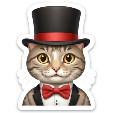 Grey tabby cat in top hat and bow tie sticker