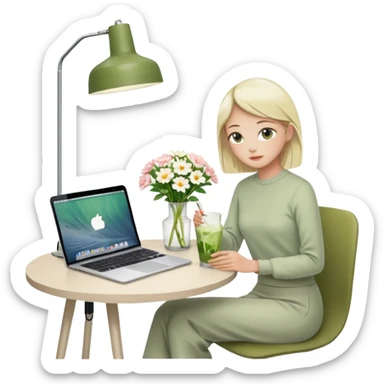 realistic macbook computer, fashion/interior magazines, flowers in a little vase, louis poulsen portable lamp with a dimmed cozy light and a iced matcha. very scandinavian aesthetic sticker