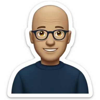 bald man with round glasses with navy sweater sticker