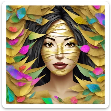  Hemp 420 lady face melting gold drizzle kintsugi multicoloured funky palm leaves tropical made of 420 origami newspaper roses hemp leaves bokeh and paper and hemp leaves in hair sticker