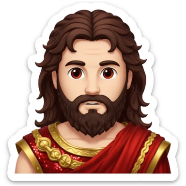 Mars, God of War from Roman Deities with long dark brown wavy hair and beard, deep red sequin toga sticker