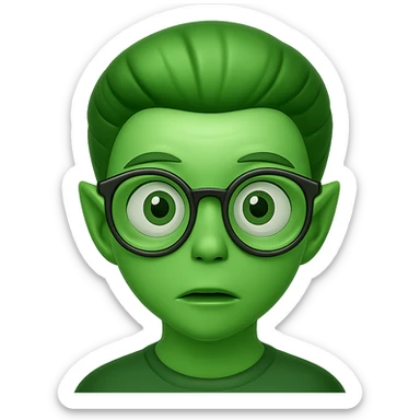 Create an alien with glasses in Apple emoji style with green skin and no background. The style should mimic Apple emojis. sticker