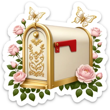 A vintage-inspired letterbox scene, where an old-fashioned ivory mailbox with golden filigree stands in a blooming rose garden, overflowing with love letters adorned with pressed blush roses and white peony petals, with pearl butterflies fluttering nearby. sticker
