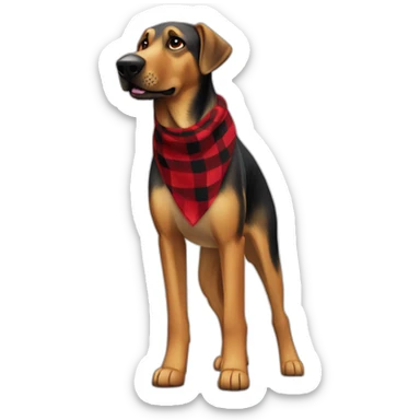 adult 75% Coonhound 25% German Shepherd mix dog with visible tail wearing small pointed red buffalo plaid bandana full body walking left quickly sticker