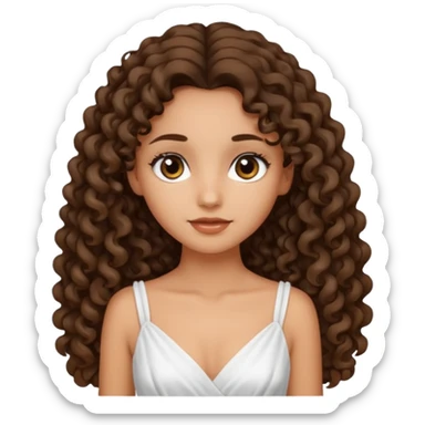 Light tanned skin girl with dark brown very long curly hair, dark eyes, white dress  sticker