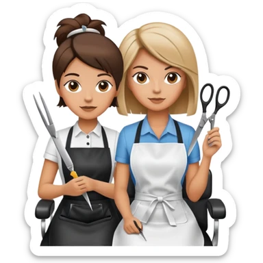 woman in apron sitting in salon chair, female hairstylist behind her with scissors sticker