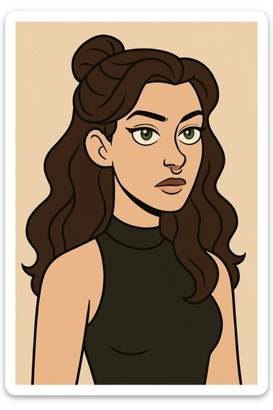 stylized portrait of a woman with long wavy brunette hair in a half-up style, blue-grey eyes, black high neck tank top, and a septum piercing, modern cartoon style sticker