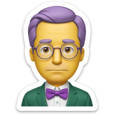 simpsons yellow man with neatly parted brown-gray hair, thick rectangular eyebrows, large round eyes behind thin glasses, a pointed nose, and a green suit with a white collar and purple bow tie. sticker
