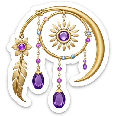 Epic beautiful gorgeous cute gold suncatcher, threads with shiny sparkly amethyst gemstones, flowers, crescents-moons, stars, violet Feather, gold feather sticker