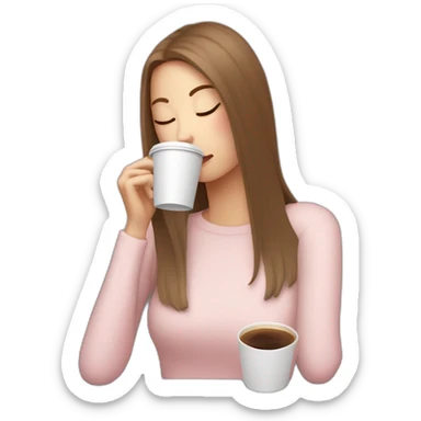 woman-with-pale-skin-and-brown-long-thin-straight-hair-wearing-a-white-woolly-shirt-drinking-coffee-from-a-light-pink-takeaway-cup-eyes-closed-b sticker
