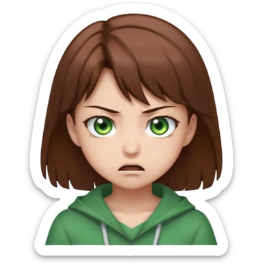 kawaii anime girl with green eyes and brown hair, angry expression sticker