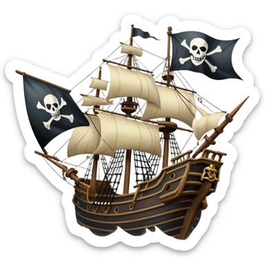 An icon representing an adventure game, inspired by high-seas exploration. The design features a fearless pirate gripping the wheel of a grand sailing ship, its tattered Jolly Roger flag billowing as it cuts through stormy waters. The scene evokes danger, treasure, and the thrill of the open sea. Transparent background. sticker