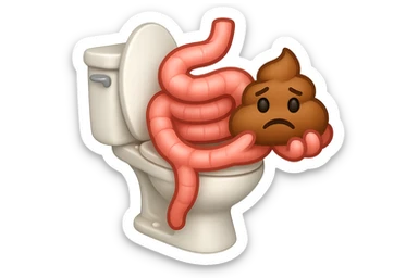 emoji stile iphone di un intestino che esce dal wc con in mano una montagnetta di feci con espressione triste a palline sticker