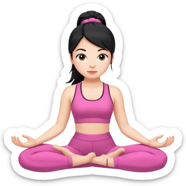 Una chica blanca con pelo negro recogido en una coleta haciendo yoga con un traje rosa  sticker