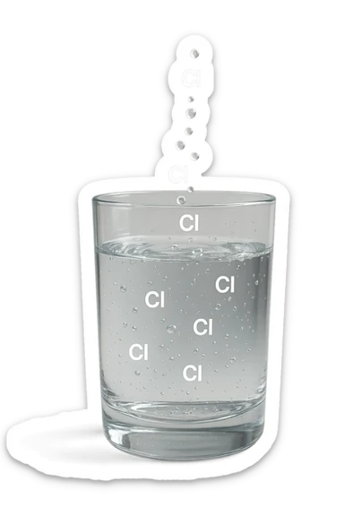 un bicchiere di acqua fluttua in aria realistico e dettagliato, dentro l'acqua del bicchiere ci sono particelle di cloro ben visibili con la scritta "Cl" sopra, ci sono particelle anche che escono dal bicchiere e fluttuan
o in aria verticalmente, mentre alcune sono all'interno dell'acqua nel bicchiere, iperrealistico 4k sticker